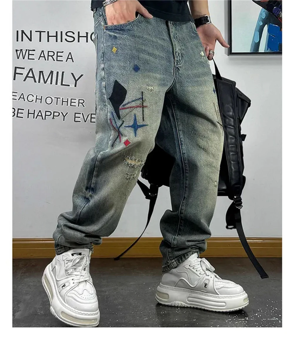 High Quality Streetwear Ragged Patch Embroidery Ripped Jeans For Men Fashion Men Clothing Distressed Denim Pants Male Trousers