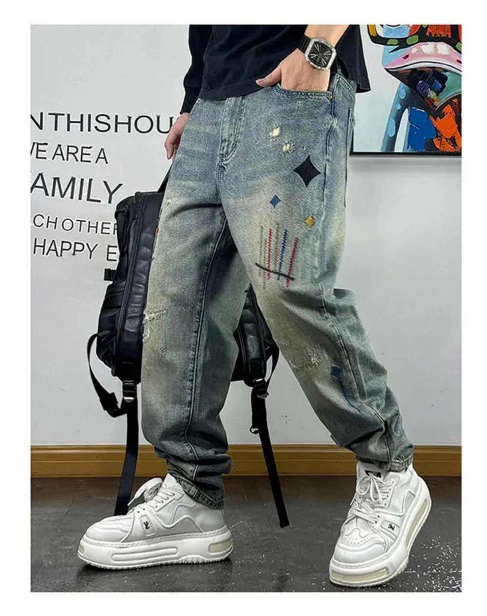 High Quality Streetwear Ragged Patch Embroidery Ripped Jeans For Men Fashion Men Clothing Distressed Denim Pants Male Trousers