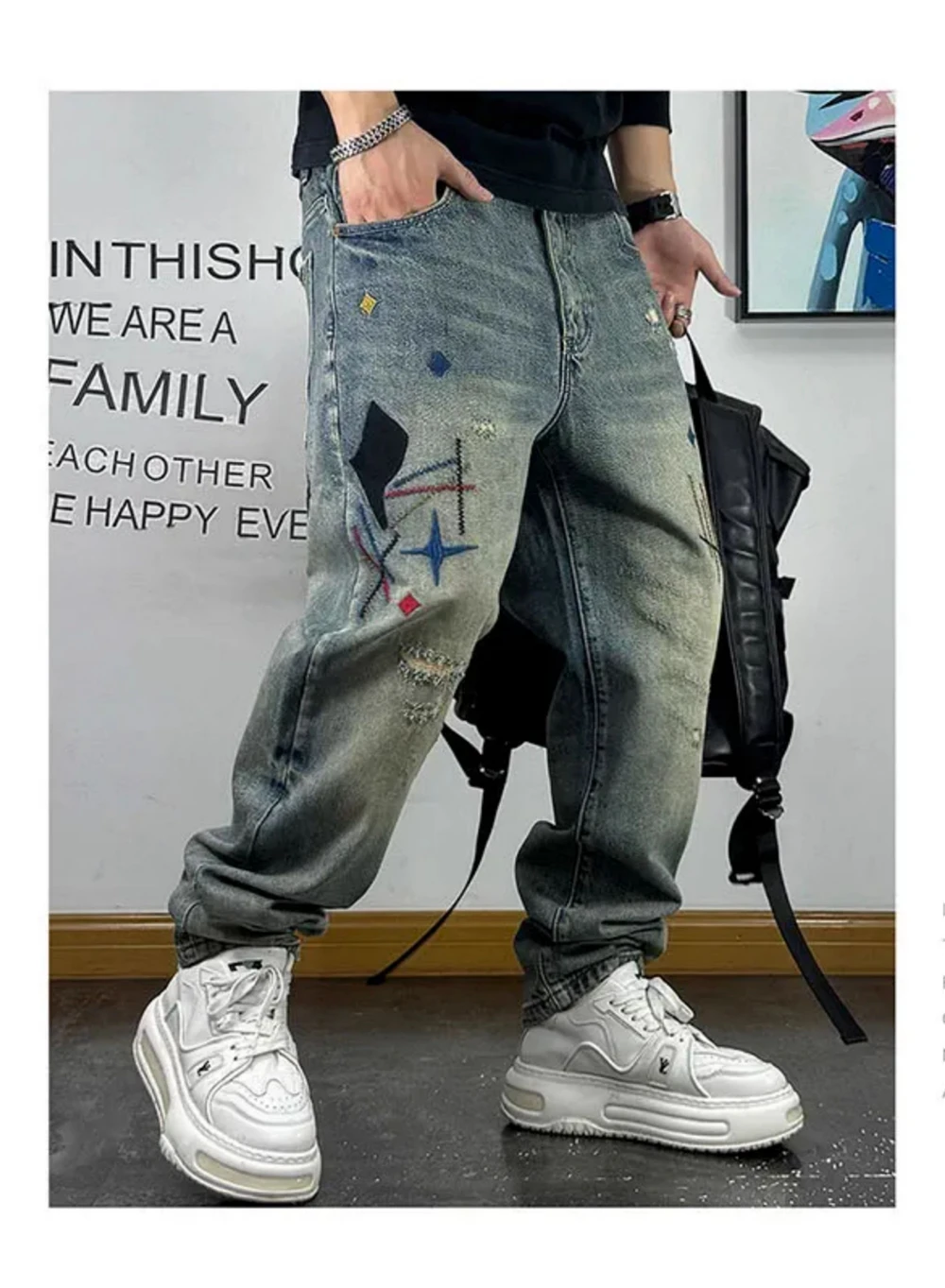 High Quality Streetwear Ragged Patch Embroidery Ripped Jeans For Men Fashion Men Clothing Distressed Denim Pants Male Trousers