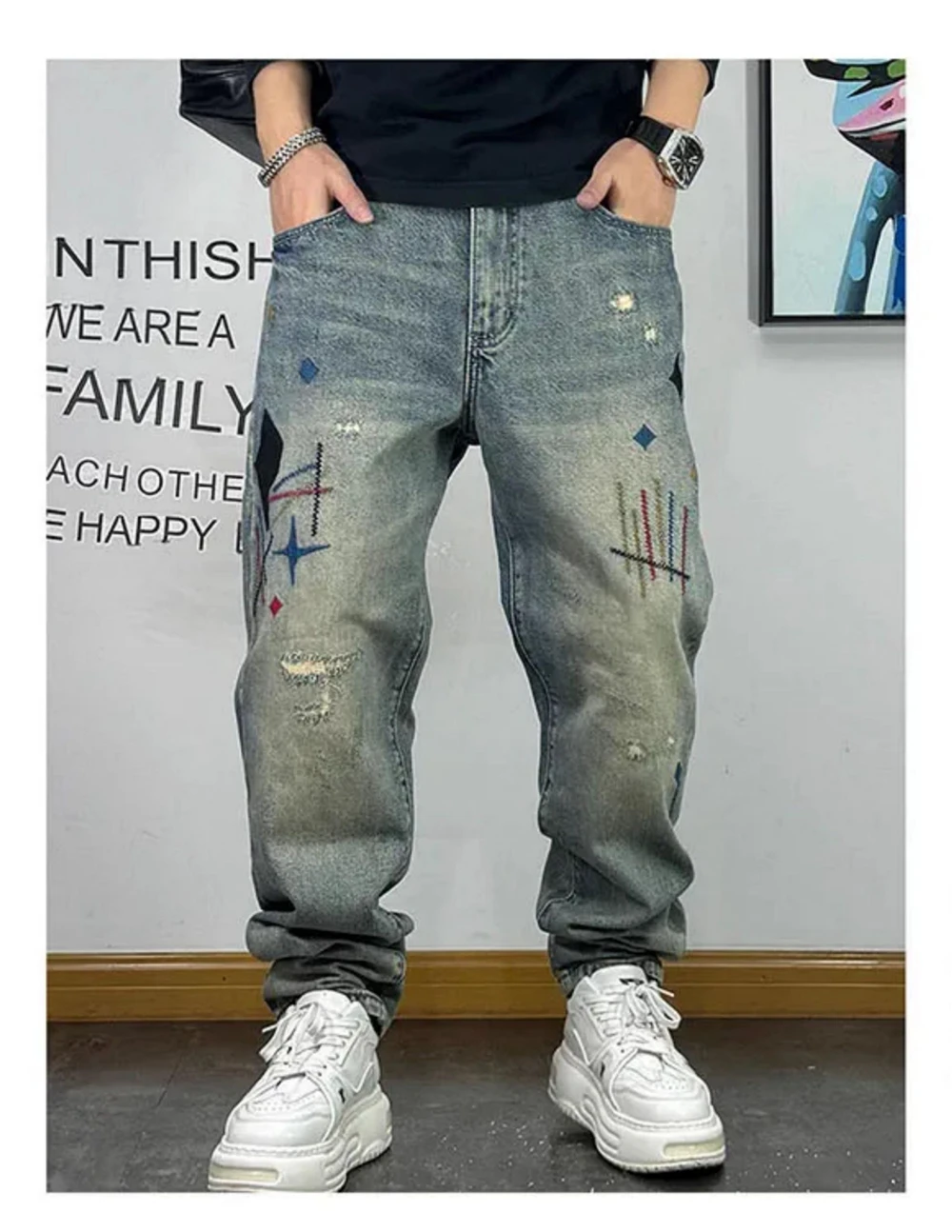 High Quality Streetwear Ragged Patch Embroidery Ripped Jeans For Men Fashion Men Clothing Distressed Denim Pants Male Trousers