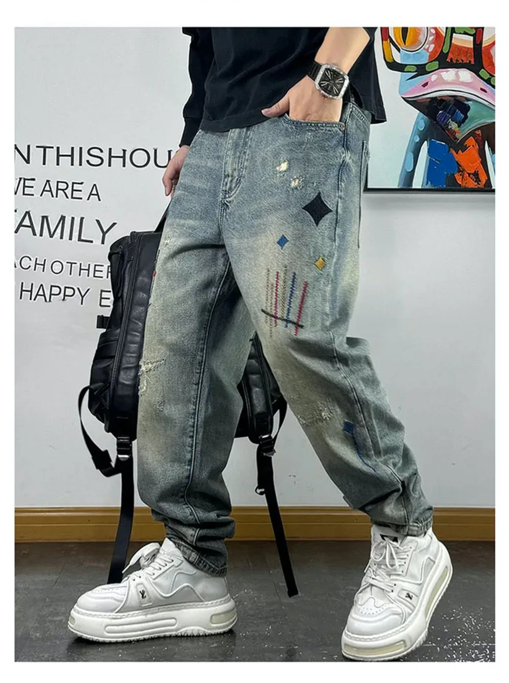 High Quality Streetwear Ragged Patch Embroidery Ripped Jeans For Men Fashion Men Clothing Distressed Denim Pants Male Trousers