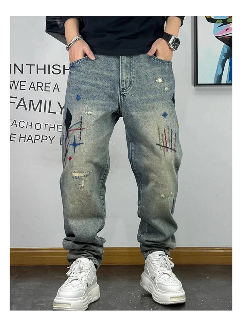 High Quality Streetwear Ragged Patch Embroidery Ripped Jeans For Men Fashion Men Clothing Distressed Denim Pants Male Trousers