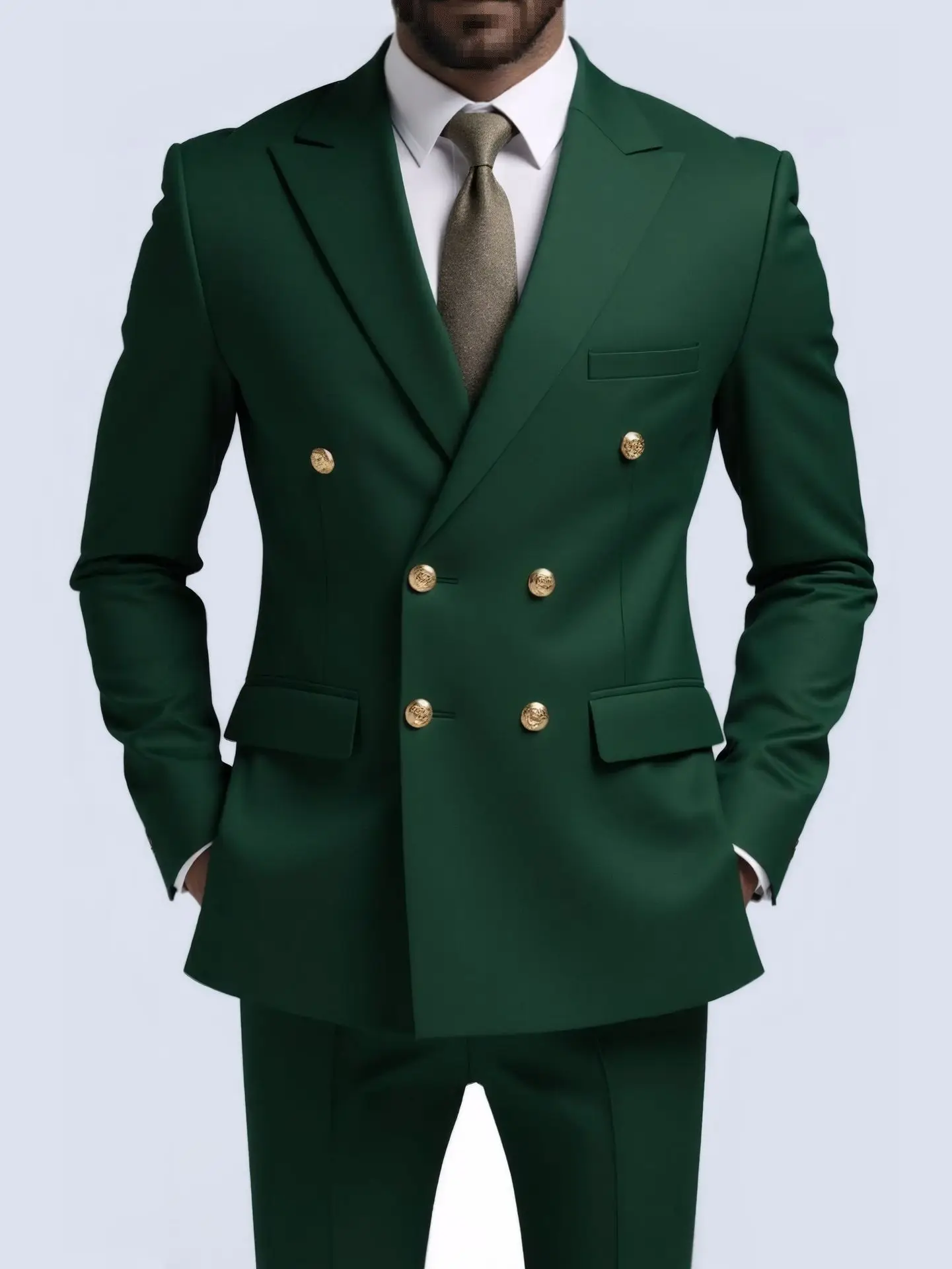 Men Double Breasted Suit Black Slim Fit High Quality Wedding Costume Party Prom Gold Button Male Suits