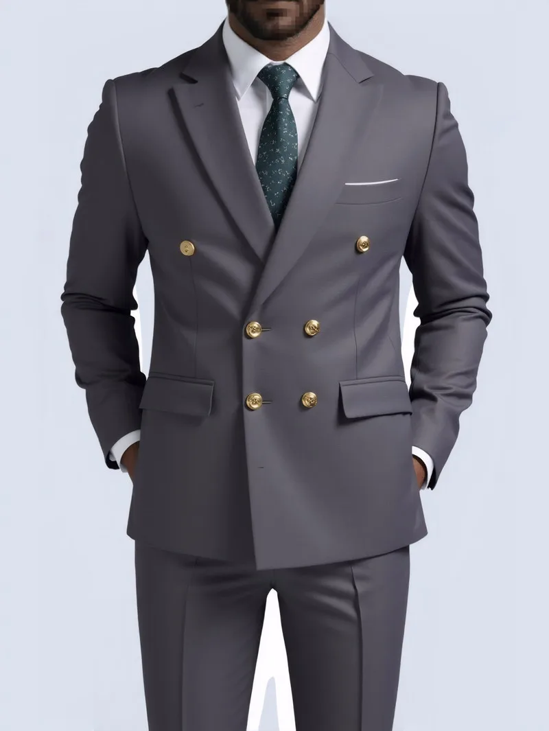 Men Double Breasted Suit Black Slim Fit High Quality Wedding Costume Party Prom Gold Button Male Suits