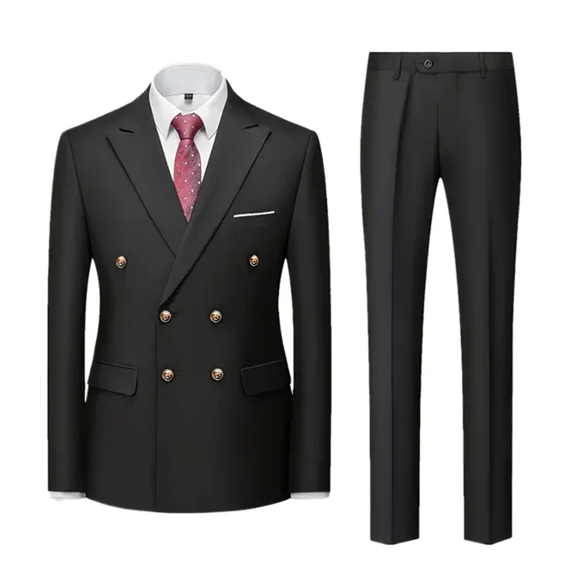 Men Double Breasted Suit Black Slim Fit High Quality Wedding Costume Party Prom Gold Button Male Suits