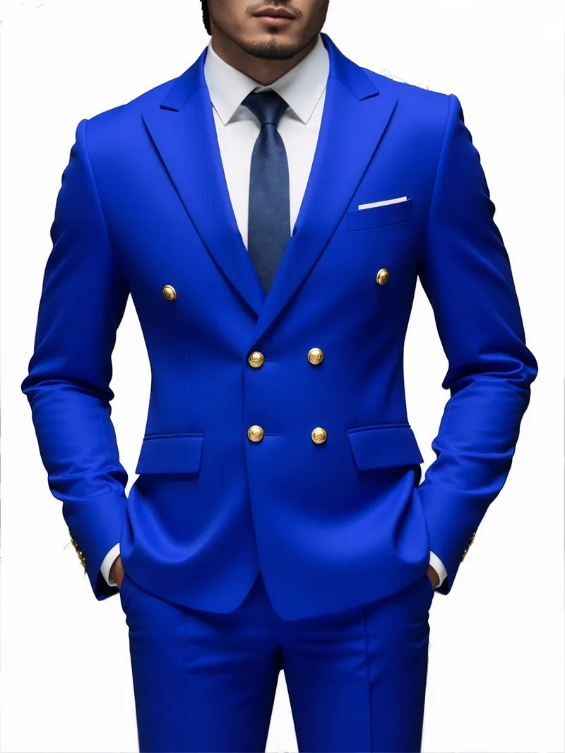 Men Double Breasted Suit Black Slim Fit High Quality Wedding Costume Party Prom Gold Button Male Suits