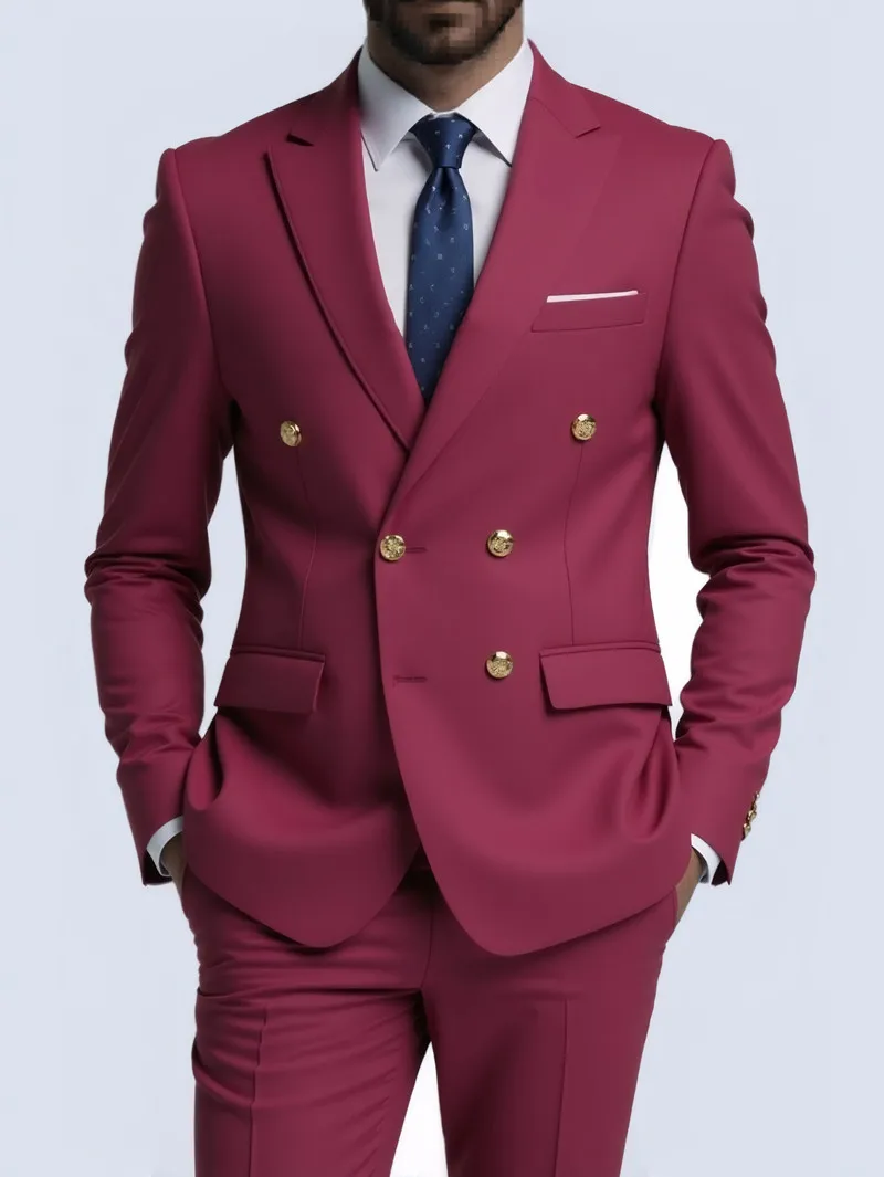 Men Double Breasted Suit Black Slim Fit High Quality Wedding Costume Party Prom Gold Button Male Suits