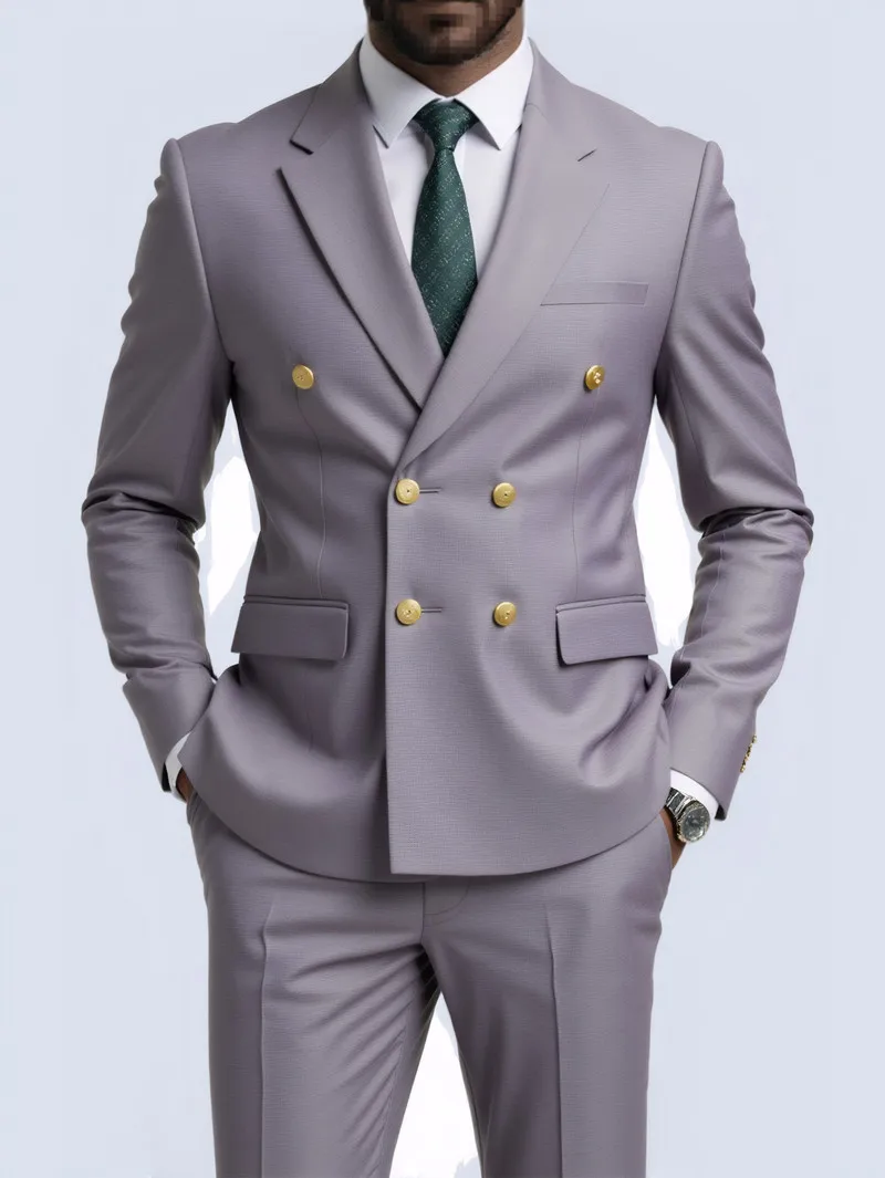 Men Double Breasted Suit Black Slim Fit High Quality Wedding Costume Party Prom Gold Button Male Suits