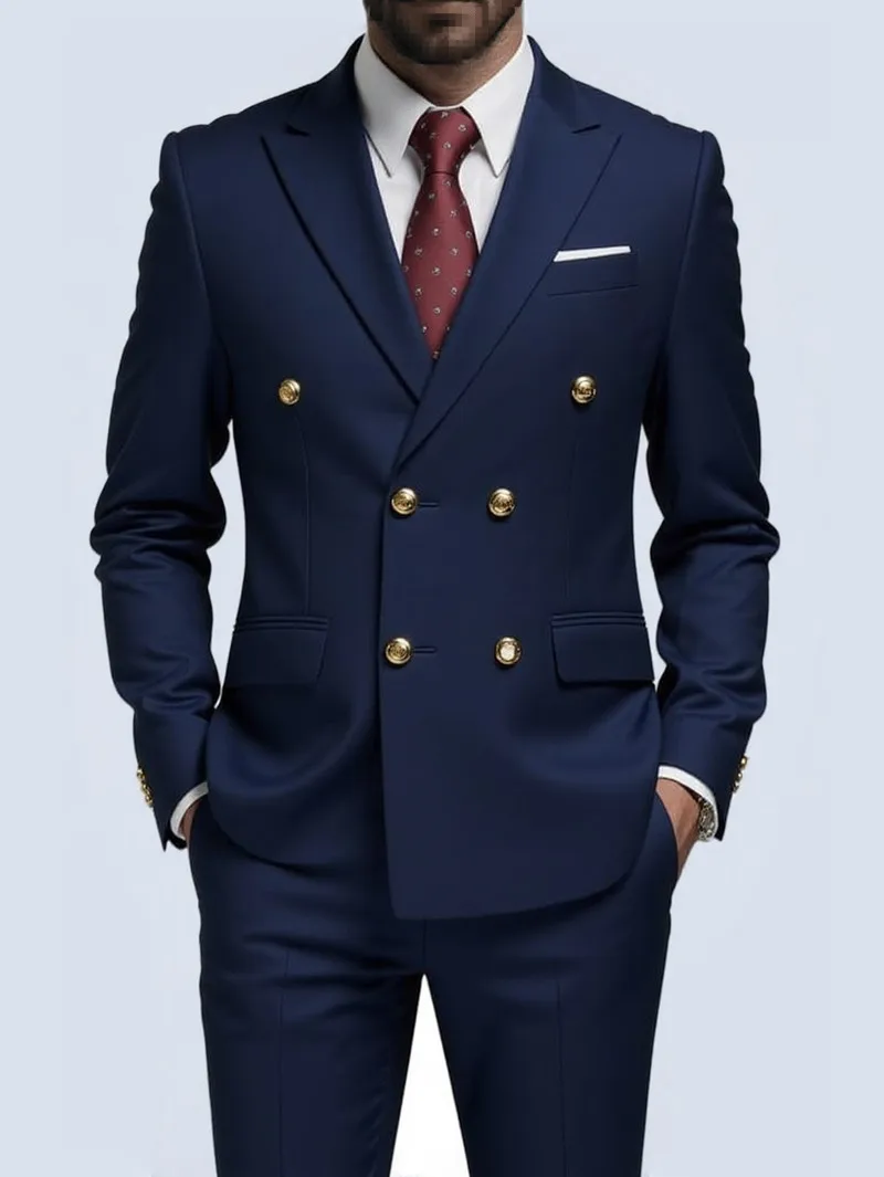 Men Double Breasted Suit Black Slim Fit High Quality Wedding Costume Party Prom Gold Button Male Suits
