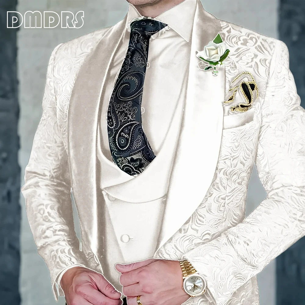 DMDRS | Jacquard Men's 3-piece Suit Set Formal Party Dress Groom's Tuxedo High Quality Elegant Men's Customized Outfit
