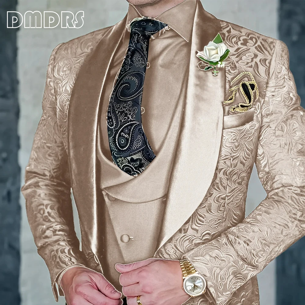DMDRS | Jacquard Men's 3-piece Suit Set Formal Party Dress Groom's Tuxedo High Quality Elegant Men's Customized Outfit