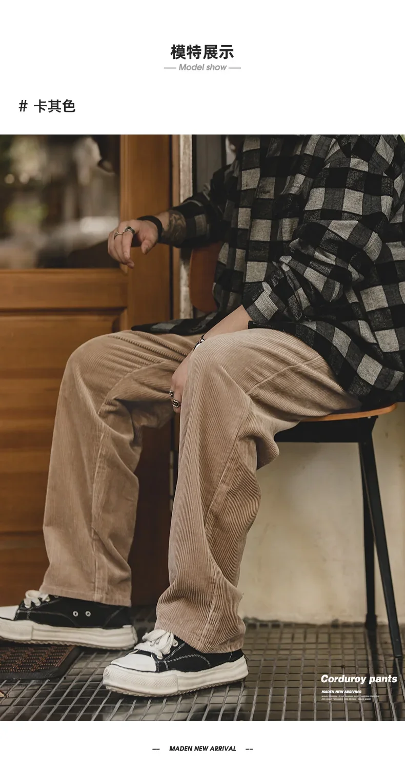 Maden Retro Loose Fit Corduroy Pants Mid Waist Striped Velvet Straight Trousers Wide Leg Casual Pants for Men's Autumn Winter