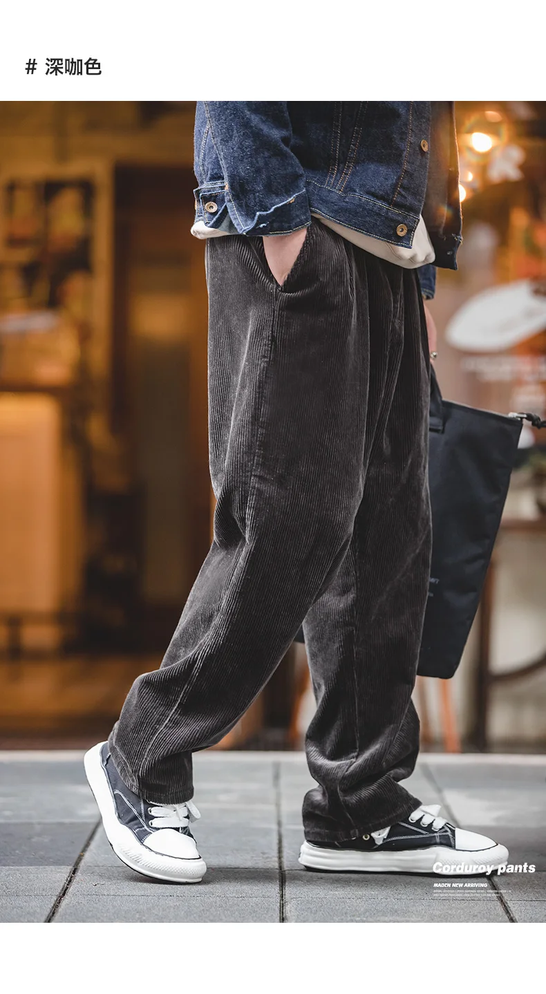 Maden Retro Loose Fit Corduroy Pants Mid Waist Striped Velvet Straight Trousers Wide Leg Casual Pants for Men's Autumn Winter
