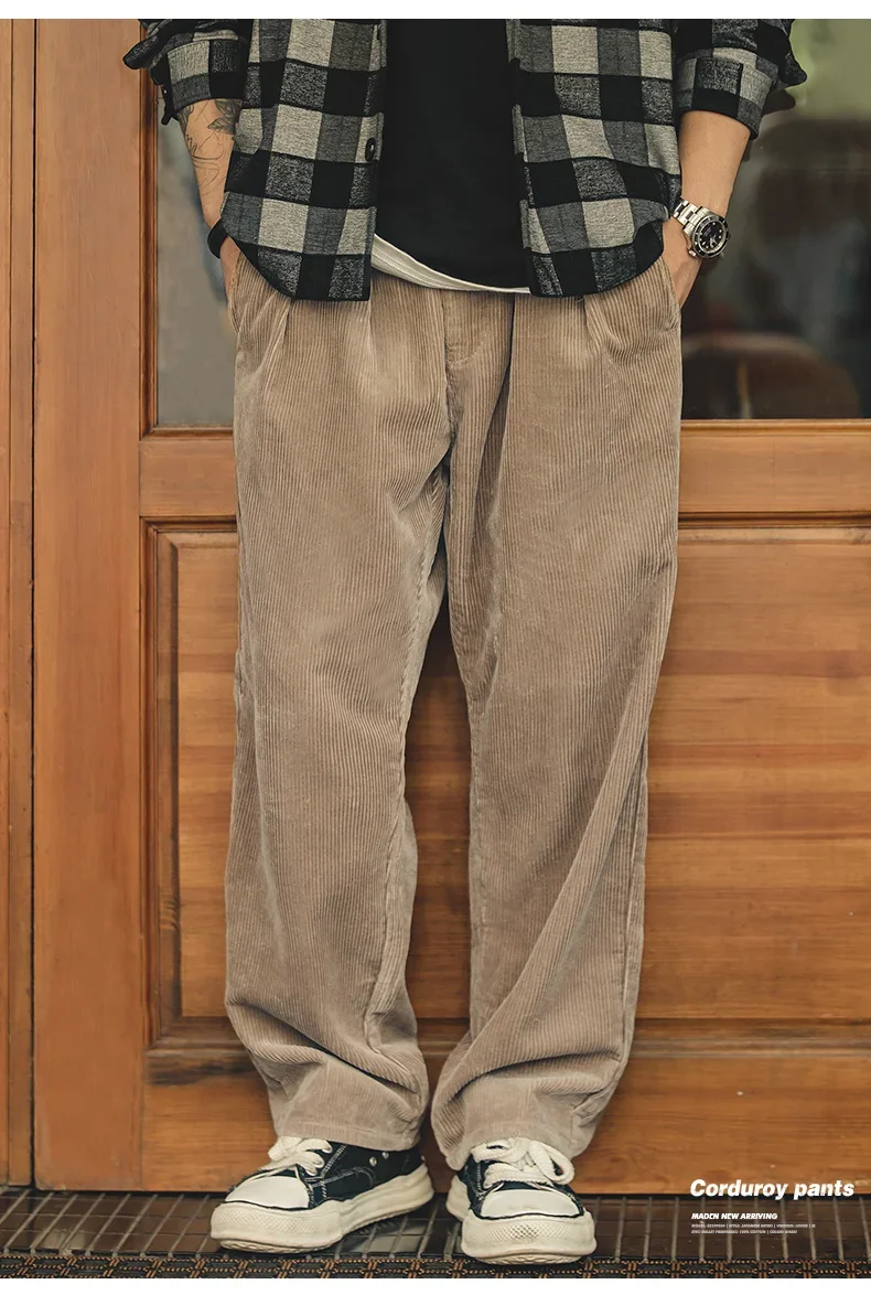 Maden Retro Loose Fit Corduroy Pants Mid Waist Striped Velvet Straight Trousers Wide Leg Casual Pants for Men's Autumn Winter