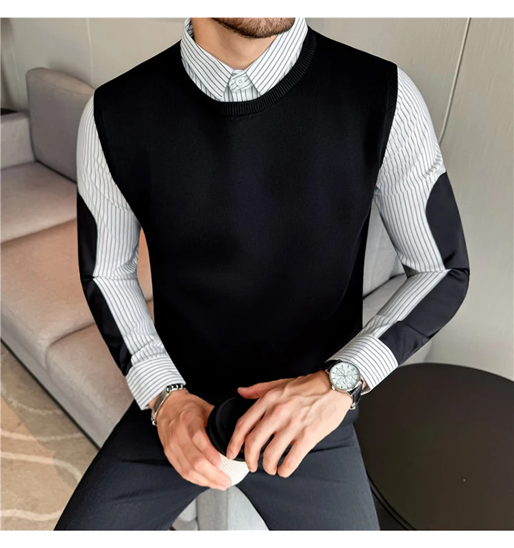 Autumn Winter Spliced Knitted Sweater for Men Casual Business Knittwear Striped Shirt Collar Fake Two-piece Knitted Sweaters