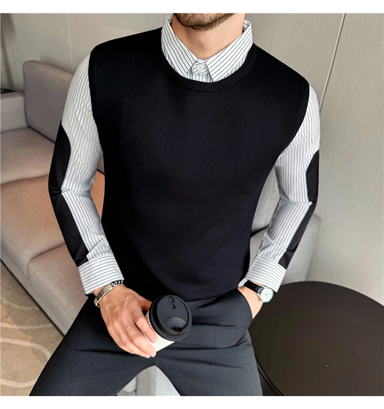 Autumn Winter Spliced Knitted Sweater for Men Casual Business Knittwear Striped Shirt Collar Fake Two-piece Knitted Sweaters