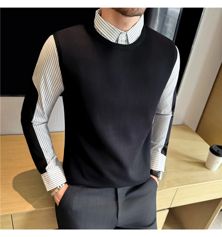 Autumn Winter Spliced Knitted Sweater for Men Casual Business Knittwear Striped Shirt Collar Fake Two-piece Knitted Sweaters