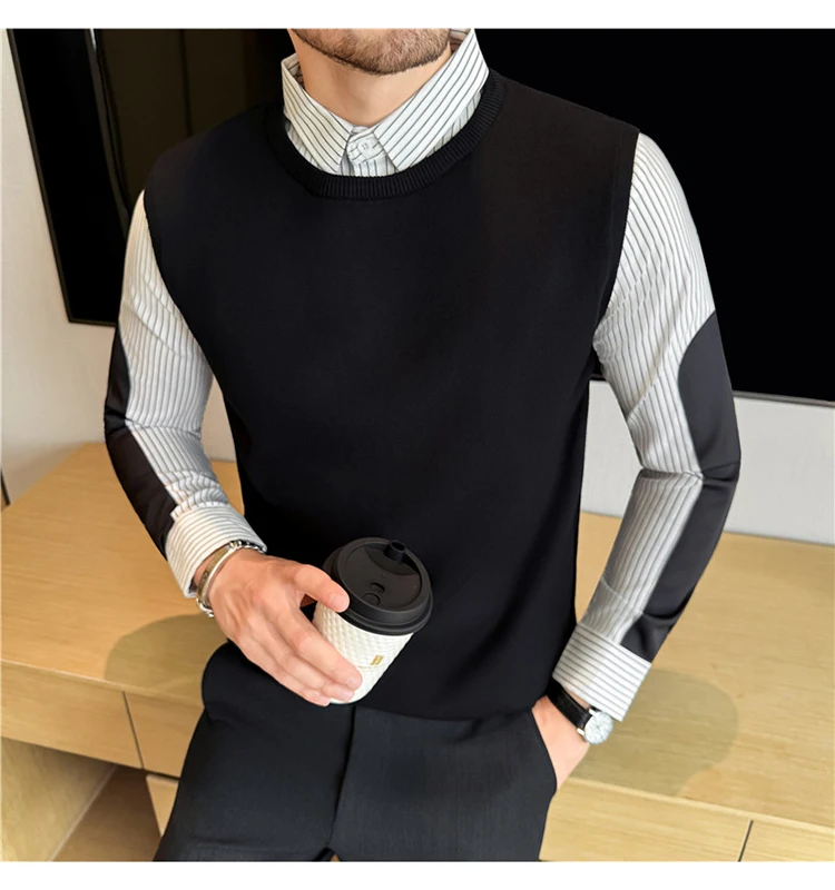 Autumn Winter Spliced Knitted Sweater for Men Casual Business Knittwear Striped Shirt Collar Fake Two-piece Knitted Sweaters