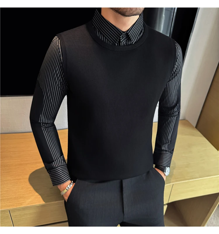 Autumn Winter Spliced Knitted Sweater for Men Casual Business Knittwear Striped Shirt Collar Fake Two-piece Knitted Sweaters