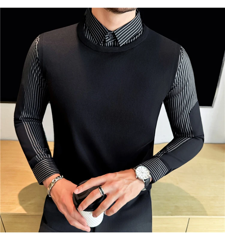 Autumn Winter Spliced Knitted Sweater for Men Casual Business Knittwear Striped Shirt Collar Fake Two-piece Knitted Sweaters
