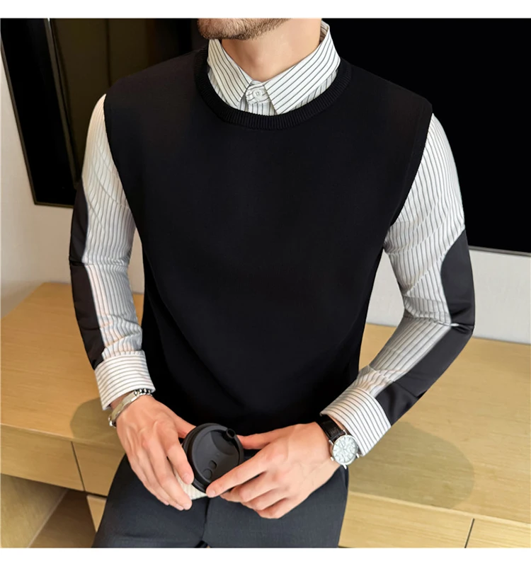 Autumn Winter Spliced Knitted Sweater for Men Casual Business Knittwear Striped Shirt Collar Fake Two-piece Knitted Sweaters