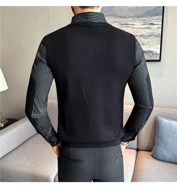 Autumn Winter Spliced Knitted Sweater for Men Casual Business Knittwear Striped Shirt Collar Fake Two-piece Knitted Sweaters