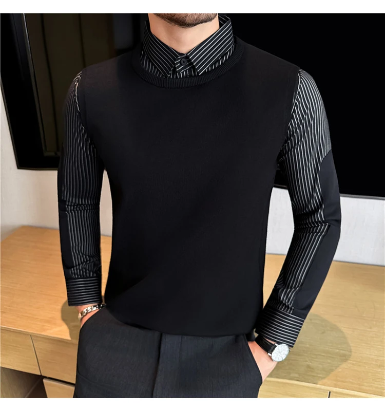 Autumn Winter Spliced Knitted Sweater for Men Casual Business Knittwear Striped Shirt Collar Fake Two-piece Knitted Sweaters