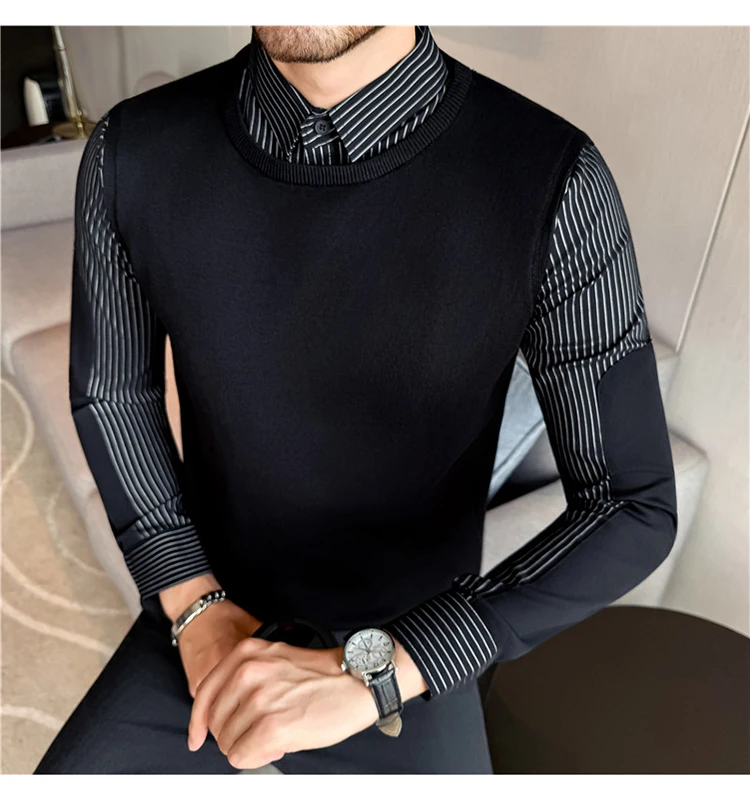 Autumn Winter Spliced Knitted Sweater for Men Casual Business Knittwear Striped Shirt Collar Fake Two-piece Knitted Sweaters