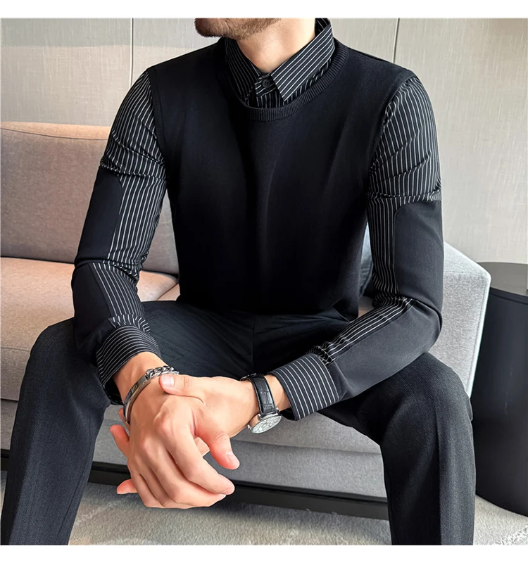 Autumn Winter Spliced Knitted Sweater for Men Casual Business Knittwear Striped Shirt Collar Fake Two-piece Knitted Sweaters