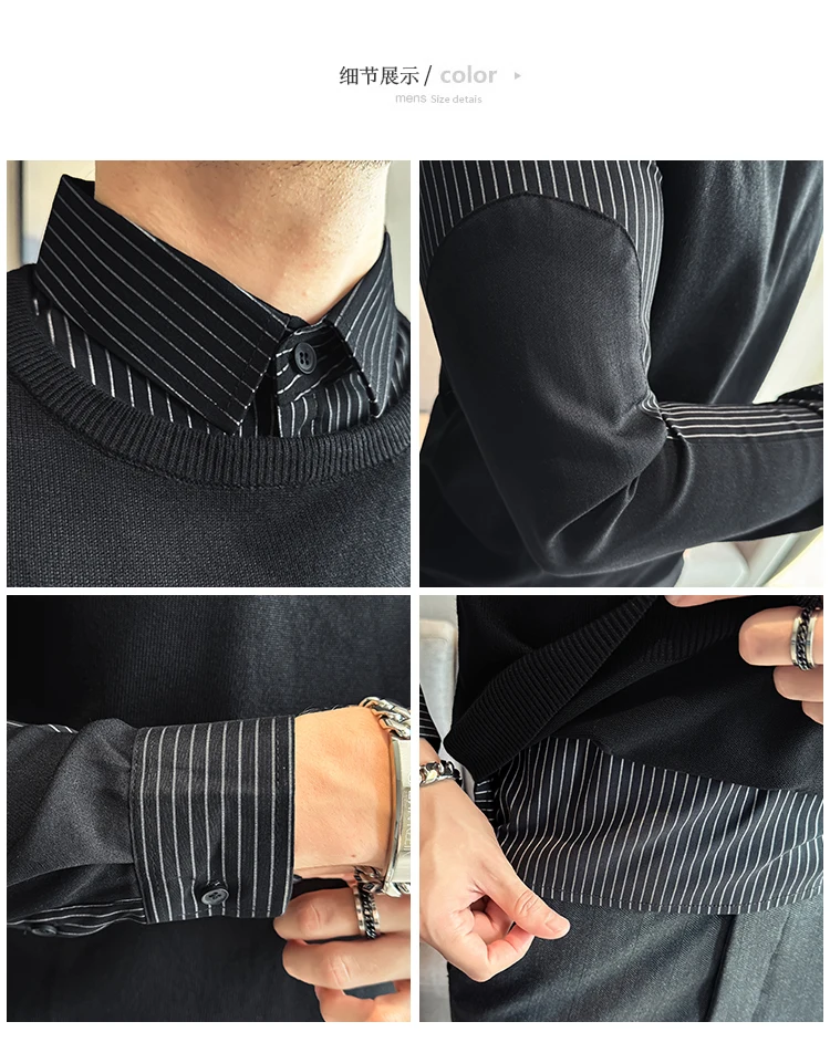Autumn Winter Spliced Knitted Sweater for Men Casual Business Knittwear Striped Shirt Collar Fake Two-piece Knitted Sweaters