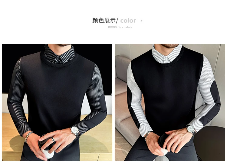 Autumn Winter Spliced Knitted Sweater for Men Casual Business Knittwear Striped Shirt Collar Fake Two-piece Knitted Sweaters