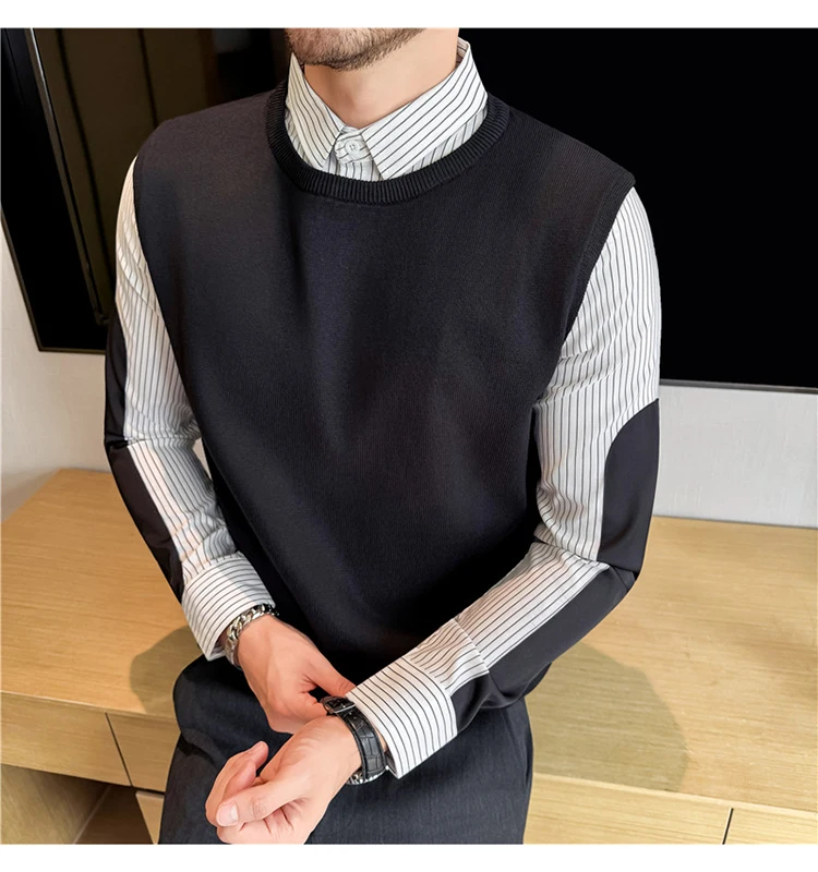 Autumn Winter Spliced Knitted Sweater for Men Casual Business Knittwear Striped Shirt Collar Fake Two-piece Knitted Sweaters