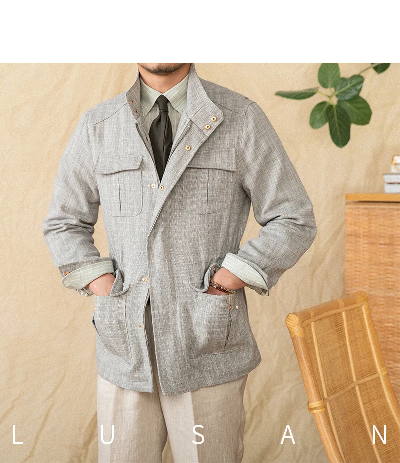 Cotton and Linen Vertical Collar Tight Waist M65 Hunting Jacket Retro All-match Spring and Summer Lightweight Casual Jacket