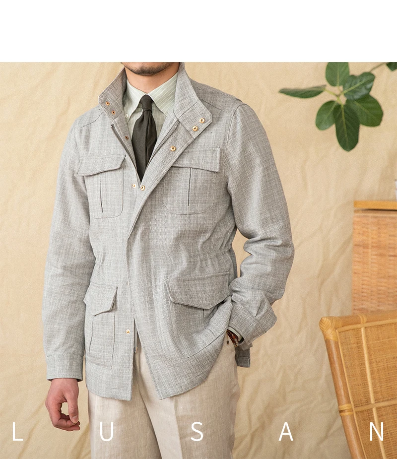 Cotton and Linen Vertical Collar Tight Waist M65 Hunting Jacket Retro All-match Spring and Summer Lightweight Casual Jacket