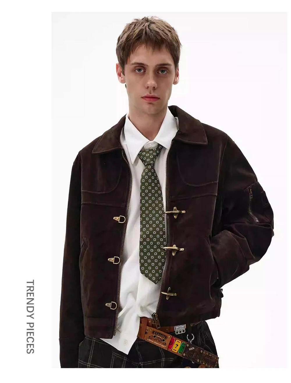 Retro Spliced Suede Jacket Mens Button Decoration Autumn Winter Retro Lapel Long Sleeve Loose Outerwear Man