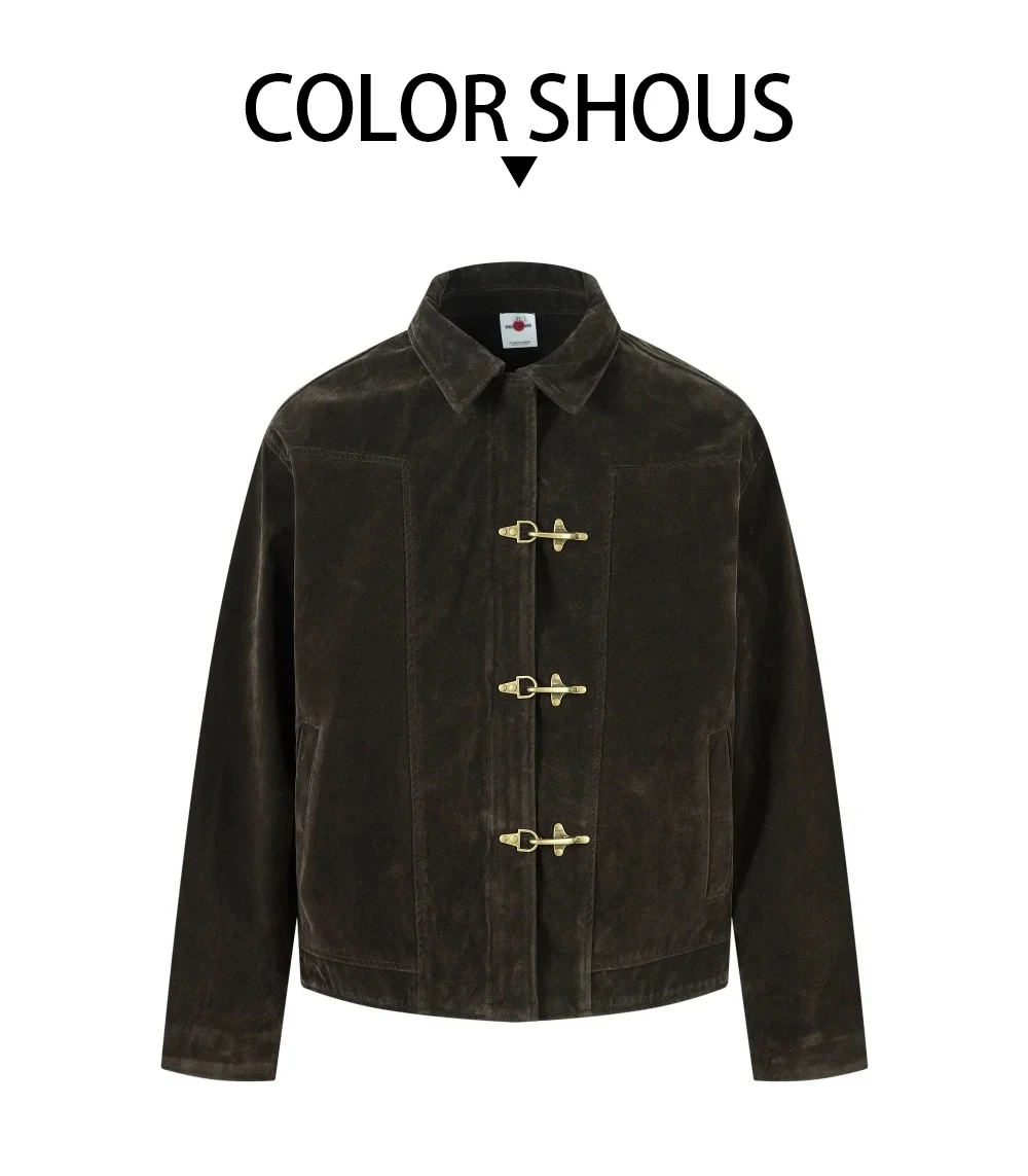 Retro Spliced Suede Jacket Mens Button Decoration Autumn Winter Retro Lapel Long Sleeve Loose Outerwear Man