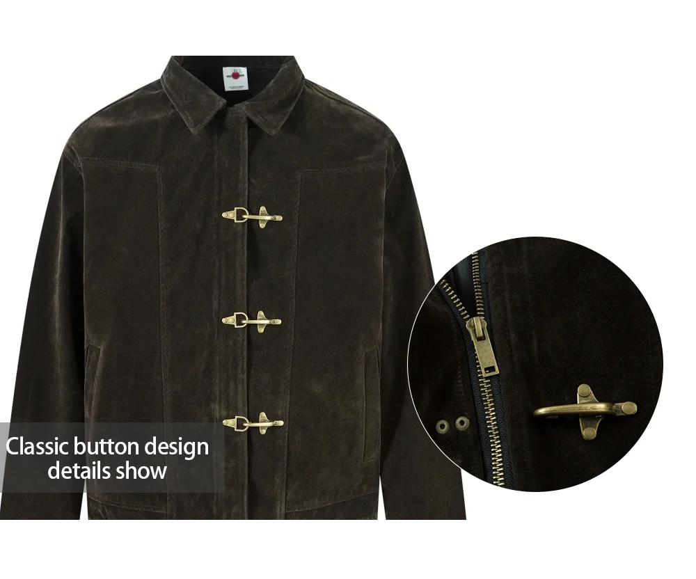 Retro Spliced Suede Jacket Mens Button Decoration Autumn Winter Retro Lapel Long Sleeve Loose Outerwear Man