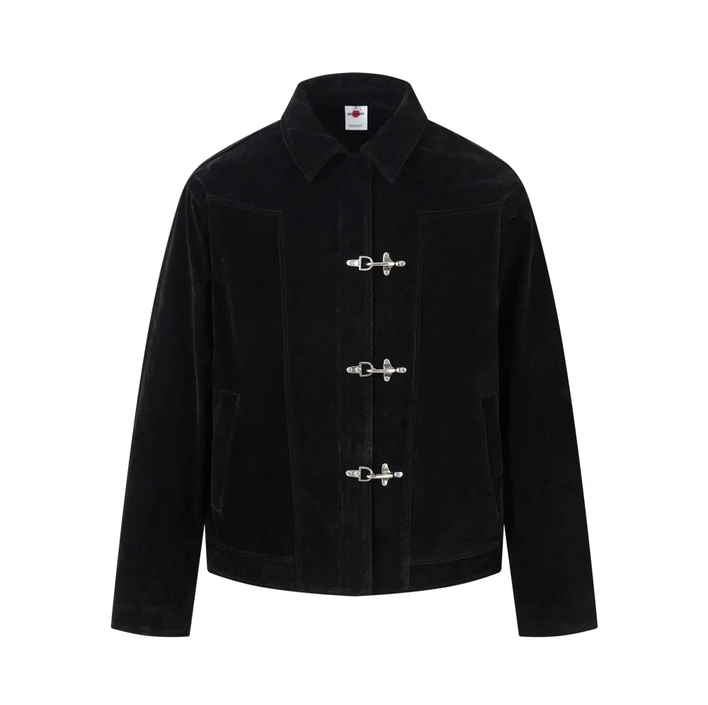 Retro Spliced Suede Jacket Mens Button Decoration Autumn Winter Retro Lapel Long Sleeve Loose Outerwear Man