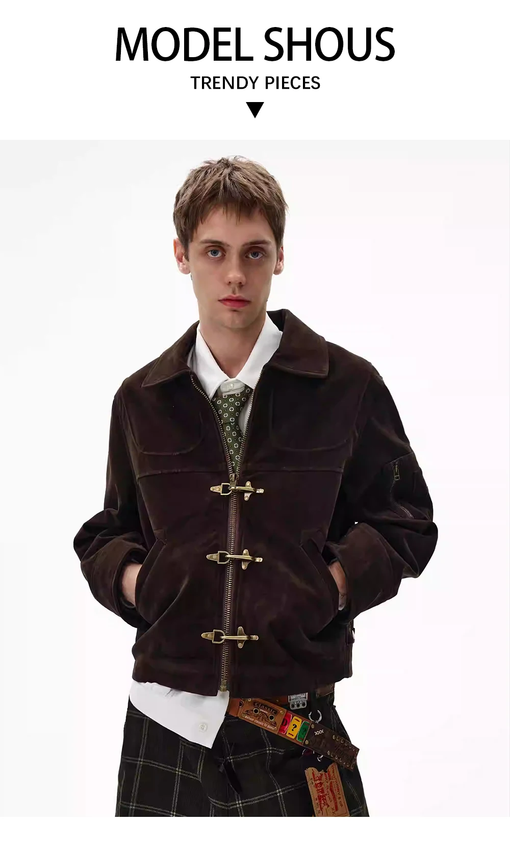 Retro Spliced Suede Jacket Mens Button Decoration Autumn Winter Retro Lapel Long Sleeve Loose Outerwear Man