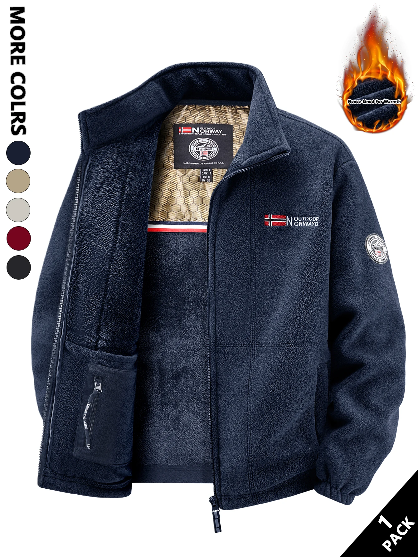 Men's Multi-Color Fleece-Lined Stand-Collar Jacket for Autumn and Winter, Full-Zip Thickened Warm Coat, with Fine Fleece Lining and Elastic Cuff Cuffs, Chest Badge Decoration, Versatile Men's Outerwear for Daily Commuting, Outdoor Activities, and Casual Wear