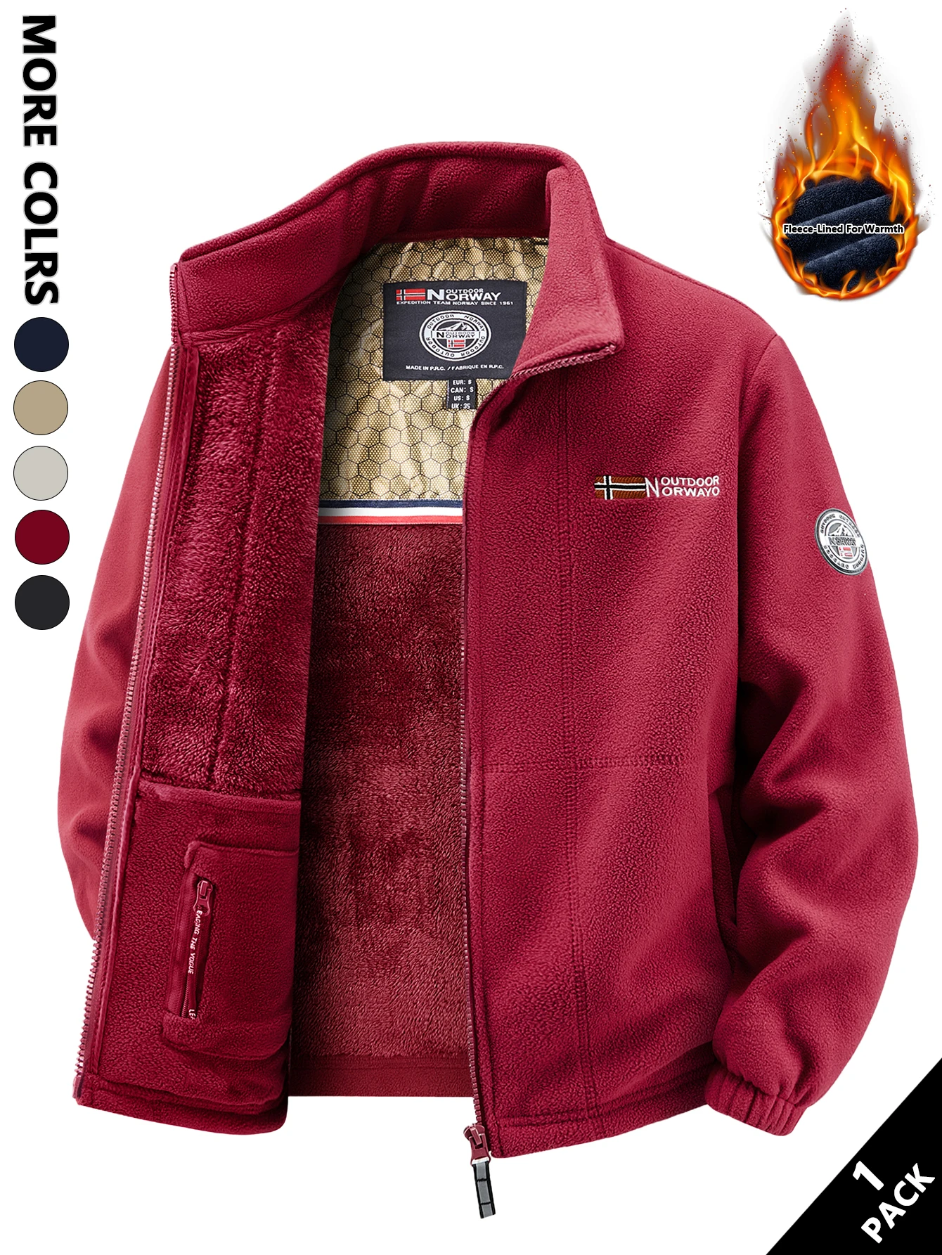 Men's Multi-Color Fleece-Lined Stand-Collar Jacket for Autumn and Winter, Full-Zip Thickened Warm Coat, with Fine Fleece Lining and Elastic Cuff Cuffs, Chest Badge Decoration, Versatile Men's Outerwear for Daily Commuting, Outdoor Activities, and Casual Wear