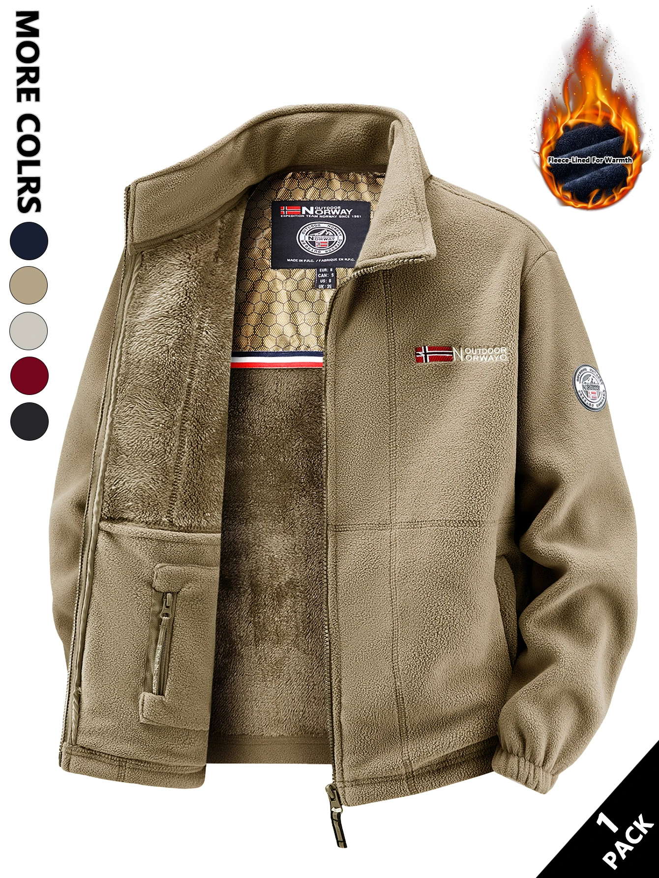 Men's Multi-Color Fleece-Lined Stand-Collar Jacket for Autumn and Winter, Full-Zip Thickened Warm Coat, with Fine Fleece Lining and Elastic Cuff Cuffs, Chest Badge Decoration, Versatile Men's Outerwear for Daily Commuting, Outdoor Activities, and Casual Wear