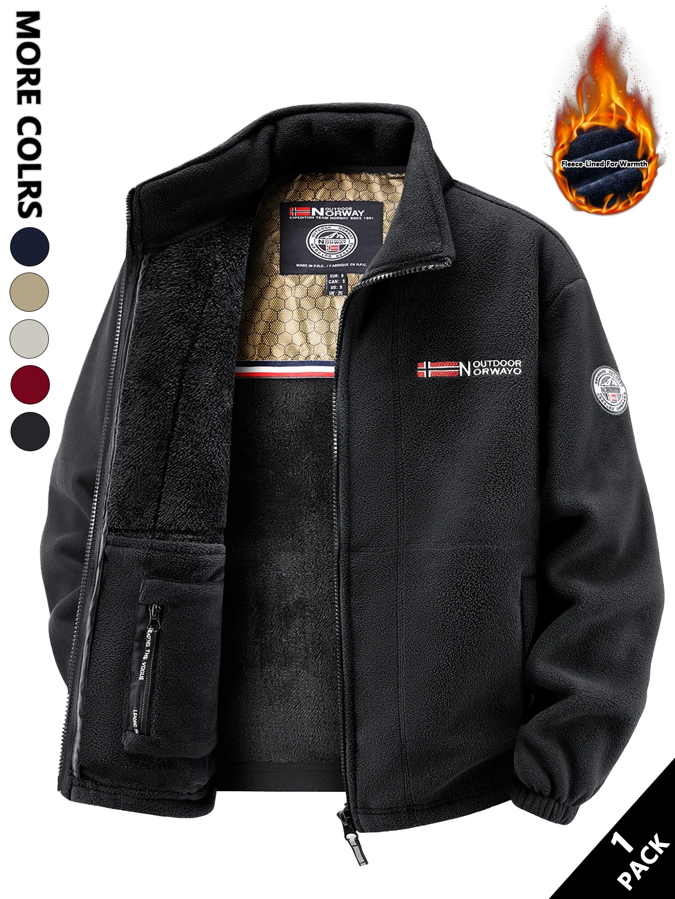 Men's Multi-Color Fleece-Lined Stand-Collar Jacket for Autumn and Winter, Full-Zip Thickened Warm Coat, with Fine Fleece Lining and Elastic Cuff Cuffs, Chest Badge Decoration, Versatile Men's Outerwear for Daily Commuting, Outdoor Activities, and Casual Wear