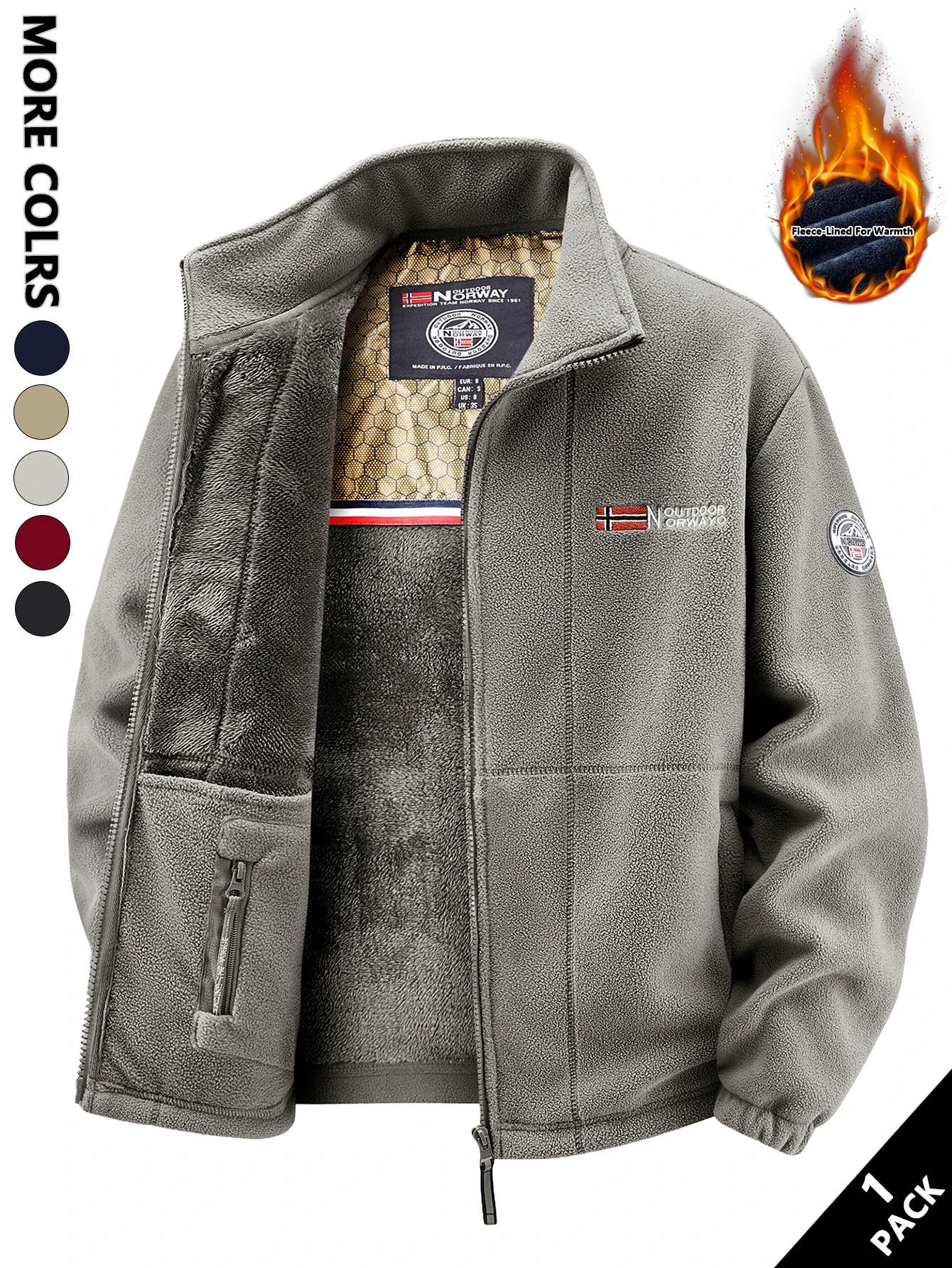 Men's Multi-Color Fleece-Lined Stand-Collar Jacket for Autumn and Winter, Full-Zip Thickened Warm Coat, with Fine Fleece Lining and Elastic Cuff Cuffs, Chest Badge Decoration, Versatile Men's Outerwear for Daily Commuting, Outdoor Activities, and Casual Wear