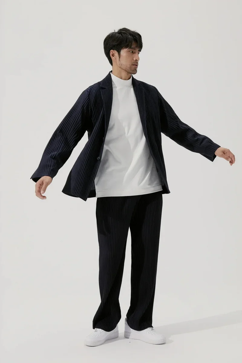 Men's Miyake Pleated Style Blazer Jacket Japanese Casual Stretch Slim Fit Business Office Fashion Luxury Wrinkle Resistant Coat