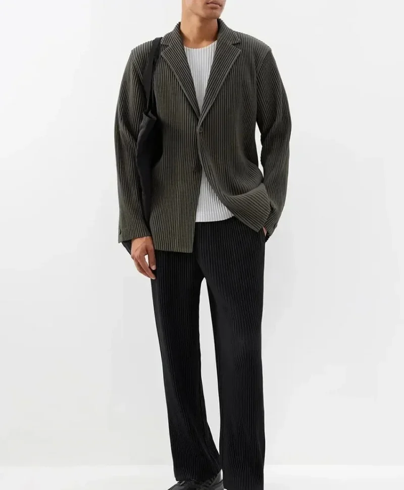 Men's Miyake Pleated Style Blazer Jacket Japanese Casual Stretch Slim Fit Business Office Fashion Luxury Wrinkle Resistant Coat