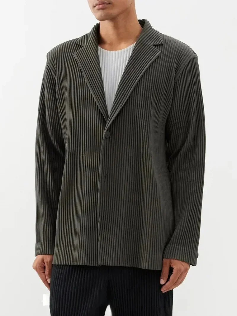 Men's Miyake Pleated Style Blazer Jacket Japanese Casual Stretch Slim Fit Business Office Fashion Luxury Wrinkle Resistant Coat