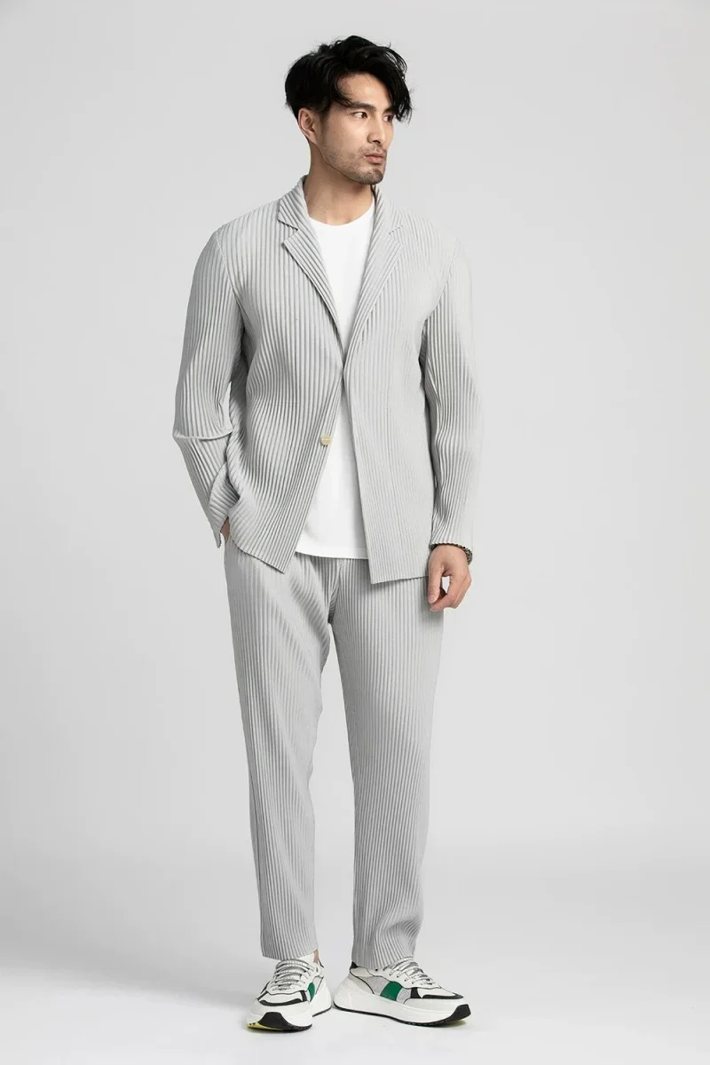 Men's Miyake Pleated Style Blazer Jacket Japanese Casual Stretch Slim Fit Business Office Fashion Luxury Wrinkle Resistant Coat