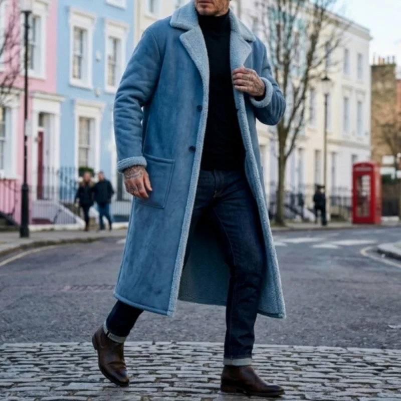 2026 Winter Long Coat Grab Fleecy Casual Coat New Street Fashion Outerwear Overcoat Plus-size Men's Long Windproof Suede  Jacket