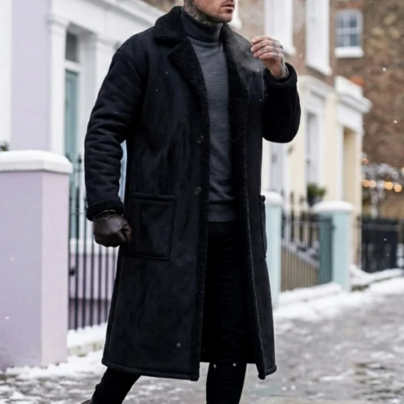 2026 Winter Long Coat Grab Fleecy Casual Coat New Street Fashion Outerwear Overcoat Plus-size Men's Long Windproof Suede  Jacket